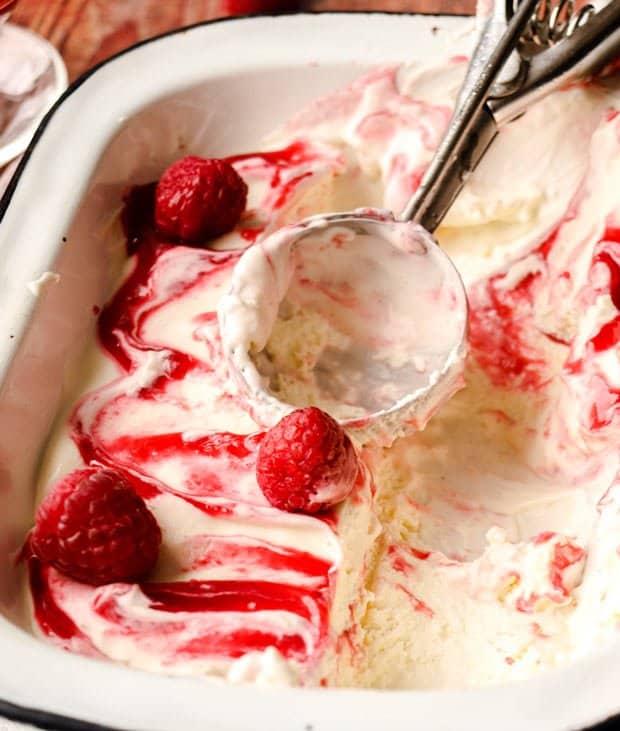 Easy Lemon Raspberry Ripple ice cream with scoop