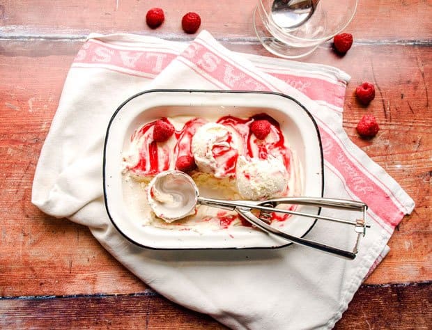 Scoops of ice cream on top of container