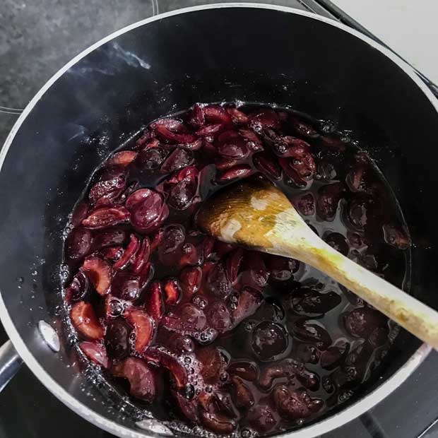 Pan of cherry compote for Chocolate Cherry Brownie Cake 