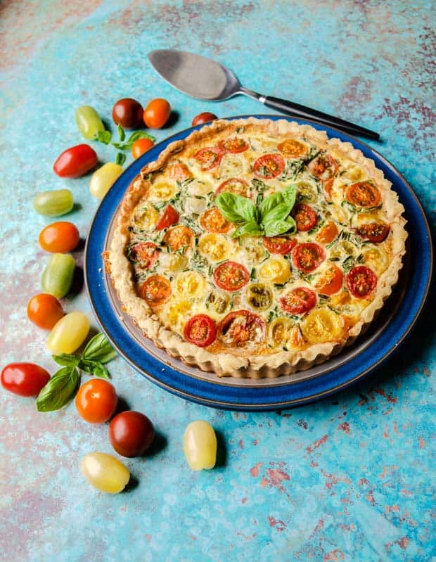 Tomatoe and Bacon Tart on plate with tomatoes