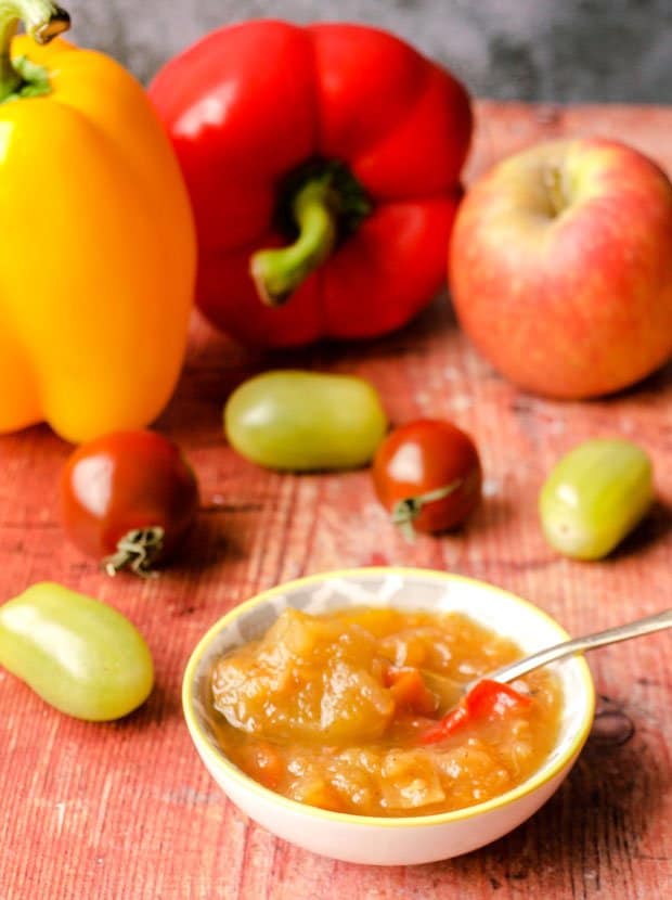 Pepper, Apples, tomatoes and bowl of chutney