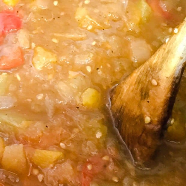 Close up of Green Tomato Chutney with spoon