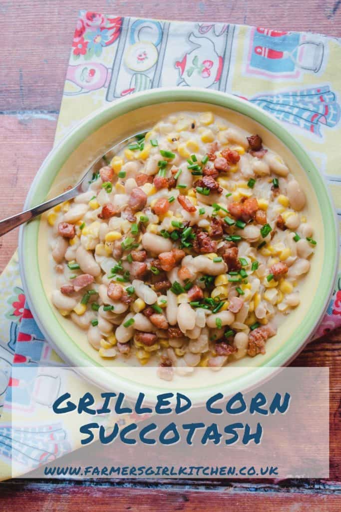 Bowl of creamy corn, bacon and beans. Text: Grilled Corn Succotash