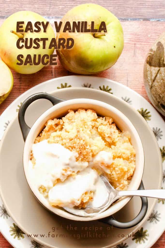 Apple Crumble in bowl, Vanilla Custard Sauce poured over