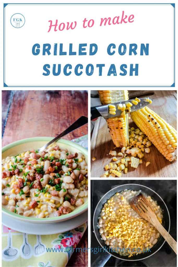 3 images: 1. Bowl of creamy, corn, beans and bacon. 2. removing conr kernels from cobs with knife. 3. pan of corn, beans and cream. Text: How to make Grilled Corn Succotash
