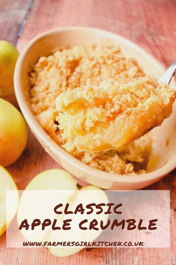 Text Classic Apple Crumble. Picture Spoon of apple crumble, bowl and apples.