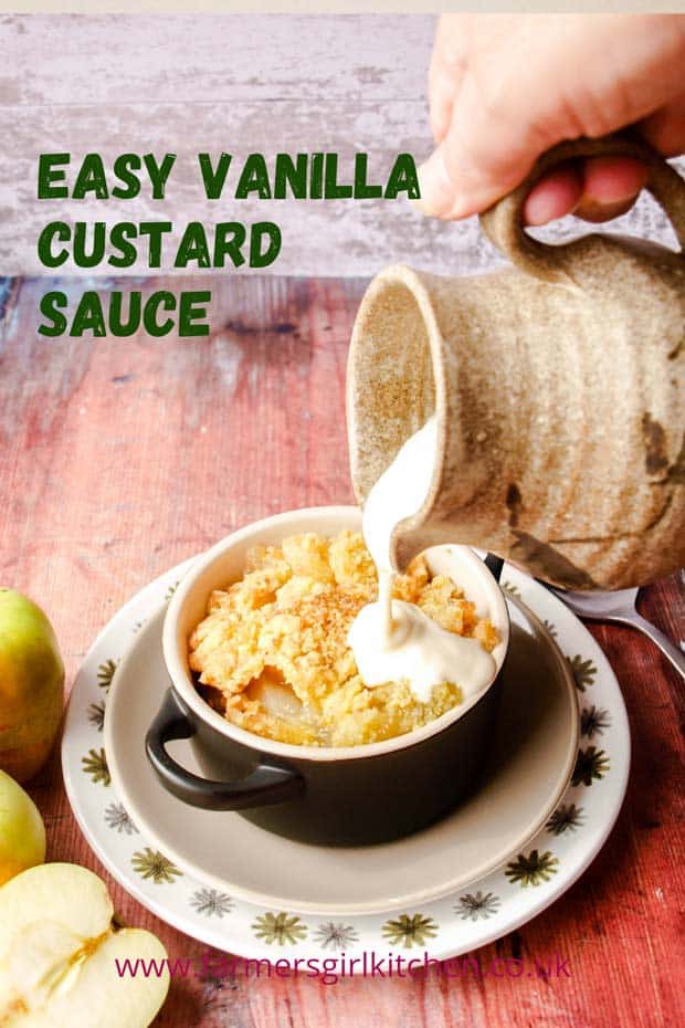 Apple Crumble in bowl, Vanilla Custard Sauce poured over