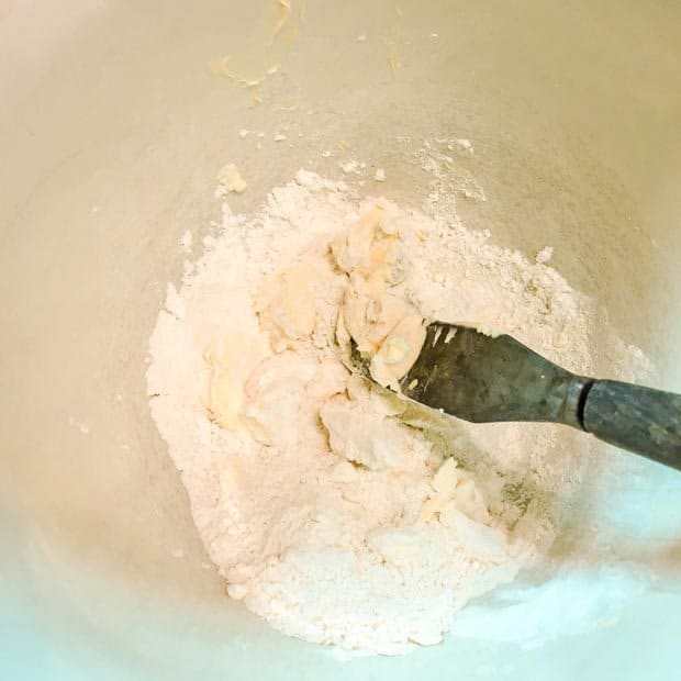 Cutting in butter for crumble dessert topping 