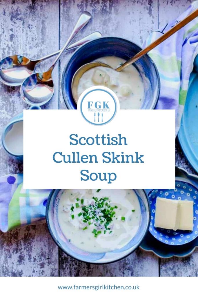 two bowls of soup butter and spoons. Text reads Scottish Cullen Skink Soup