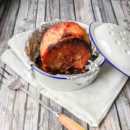Finished roasted ham in roaster