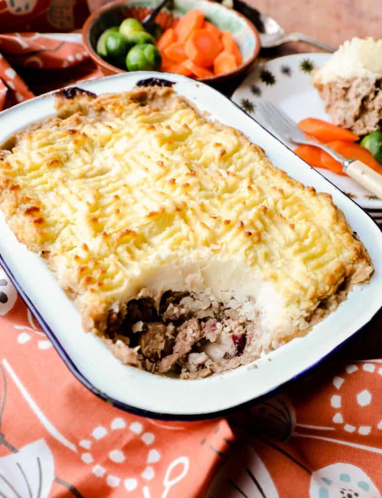 Pie dish with potato topped Leftover Turkey Shepherd's Pie