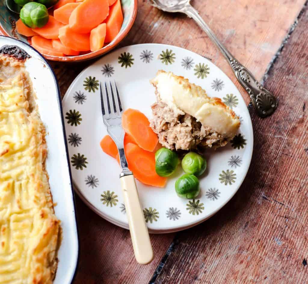 plate of Leftover Turkey Pie with carotts and sprouts
