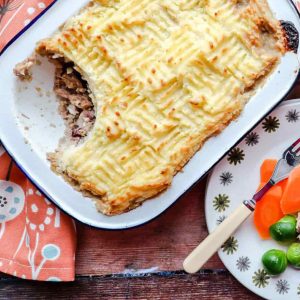 Potato topped Leftover Turkey Pie with plate