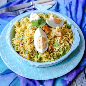 Easy Smoked Mackerel Kedgeree with hard boiled eggs