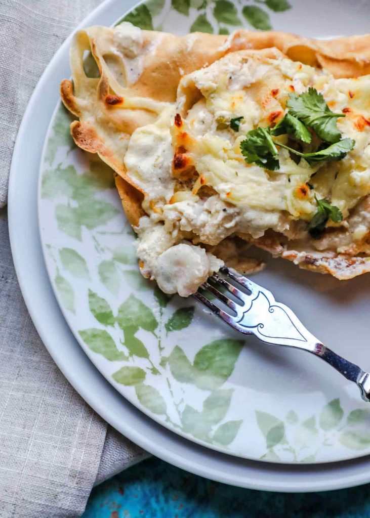 Seafood Pancakes and fish on fork