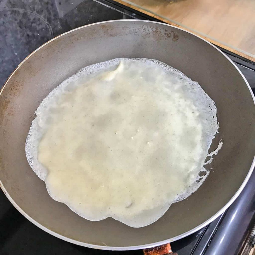 Seafood Pancakes pancake batter in pan 