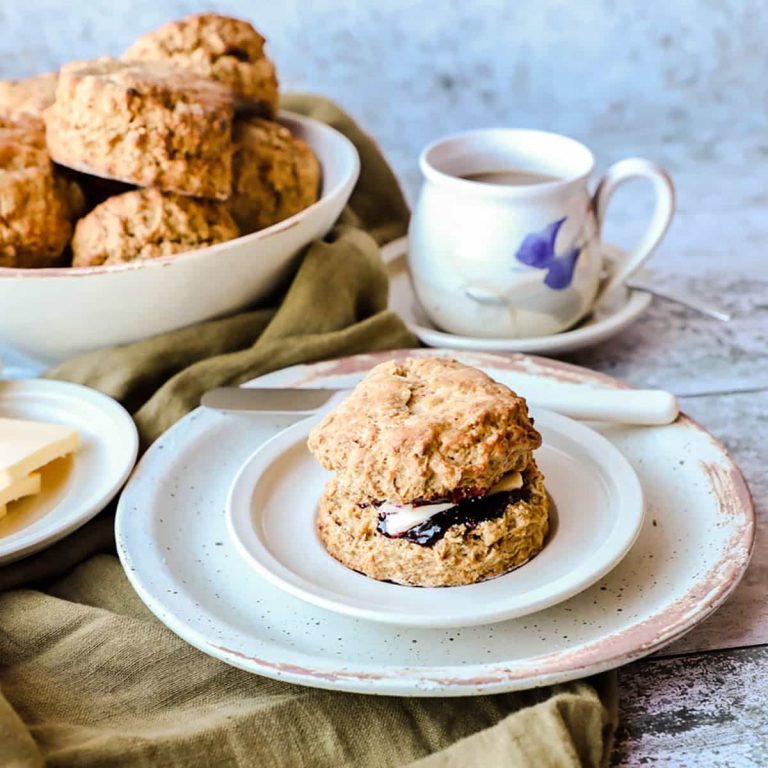 Treacle Scones (Scottish) Scones in bowl and on plate with jam and butter