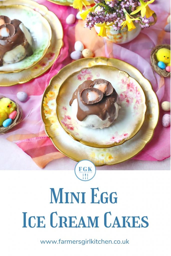 Mini Egg Ice Cream Cakes on saucers with flowers in jug