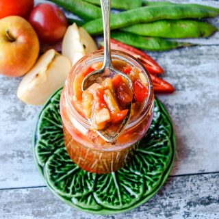 Runner Bean & Tomato Chilli Chutney jar, spoon and ingredients