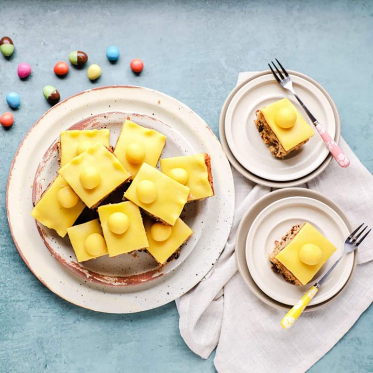 Simnel Traybake Cake with two plates and forks