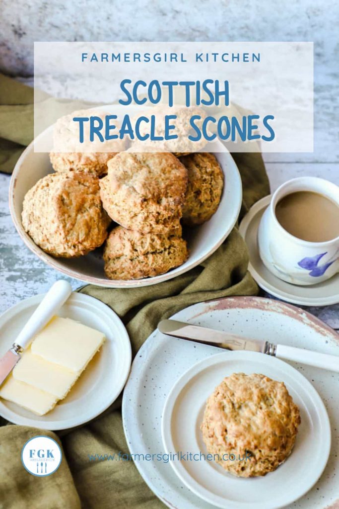 Scottish Treacle Scones for tea with plate cup and butter