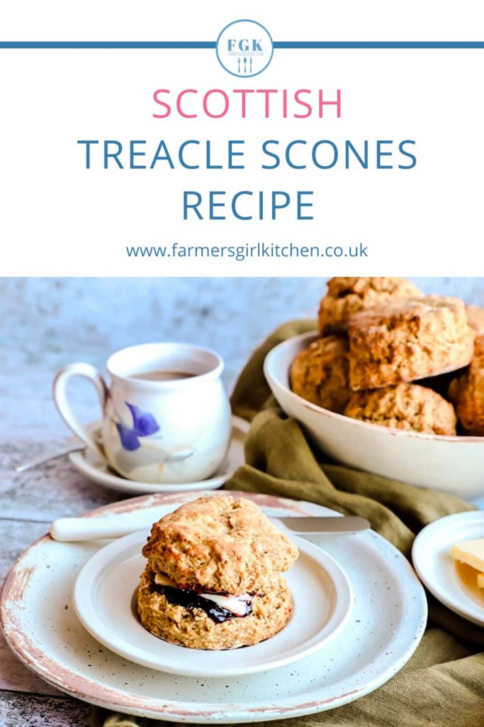 Treacle Scone (Scottish) on plate with jam, cup and more scones behind