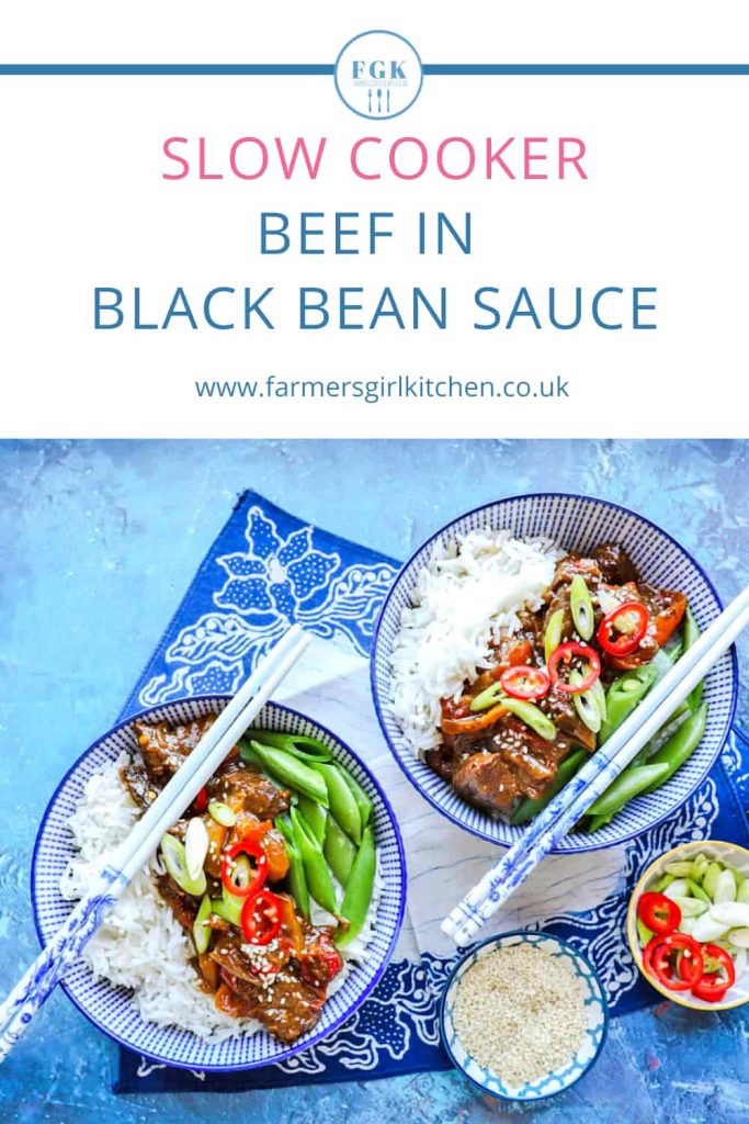 Slow Cooker Beef in Black Bean Sauce two bowls rice and chopsticks