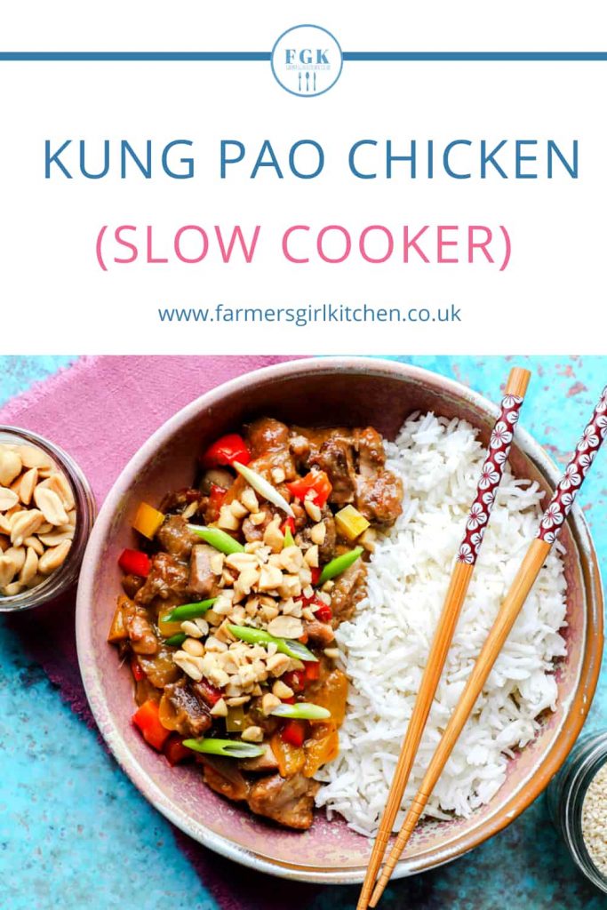 Kung Pao Chicken Slow Cooker in bowl with chopsticks and rice
