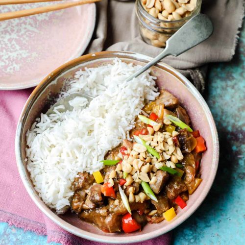 Kung Pao chicken (Slow Cooker) in bowl ready to serve