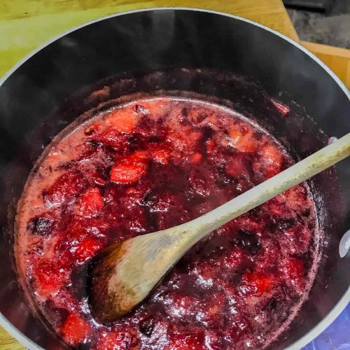 Low sugar plum jam plums in pan