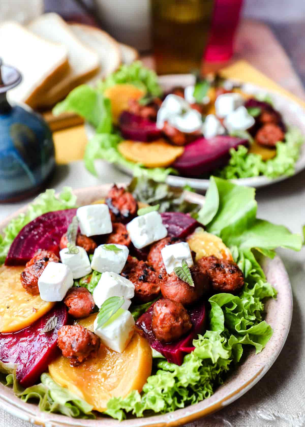Beetroot Chorizo & Feta Salad with bread