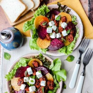 Beetroot, Chorizo and Feta Salad, two plates with bread and forks