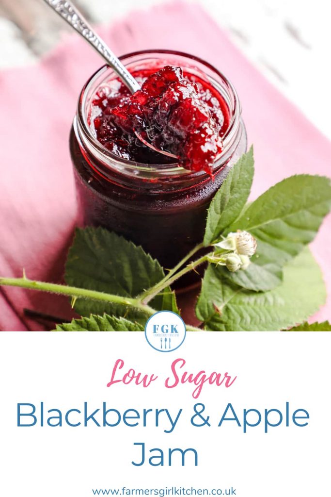 Low Sugar Blackberry & Apple Jam jar of jam with spoon