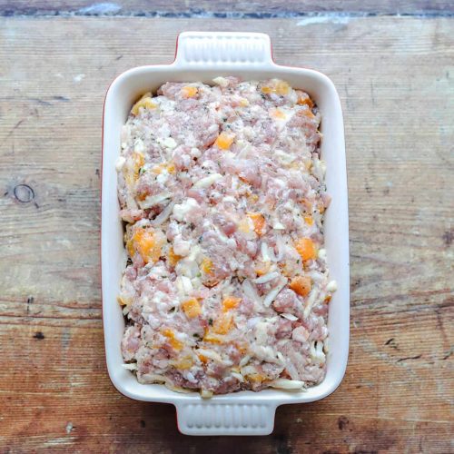 Apricot & Sausagemeat Stuffing in dish uncooked