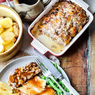 Apricot & Sausagemeat Stuffing with roast potatoes and plate of chicken