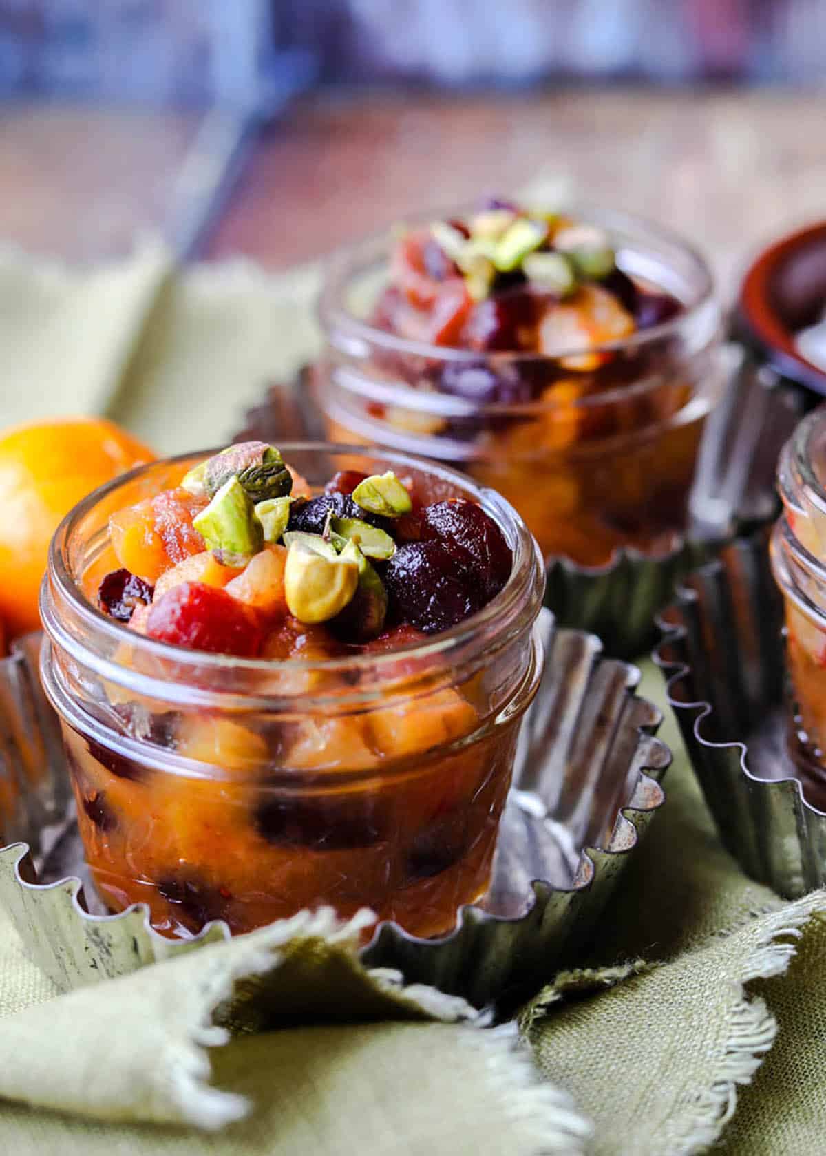 Dried Fruit Compote with Clementines in glass jars