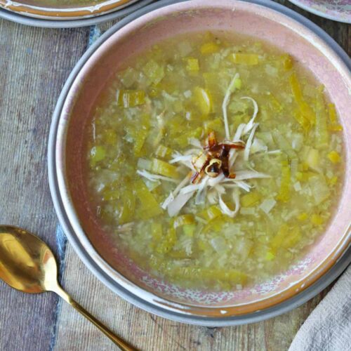 Chicken and Leek Cock-a-Leekie Soup in bowl with spoon