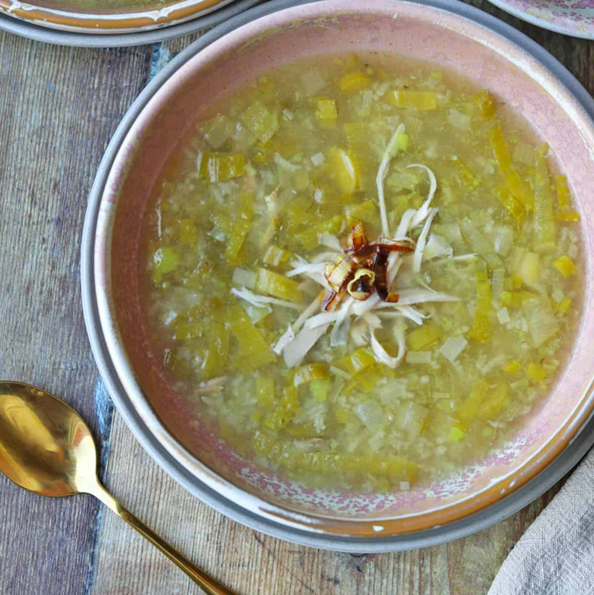 Chicken and Leek Cock-a-Leekie Soup in bowl with spoon