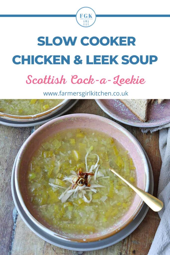 Scottish Chicken and Leek Soup in bowl (Cock-a-Leekie)
