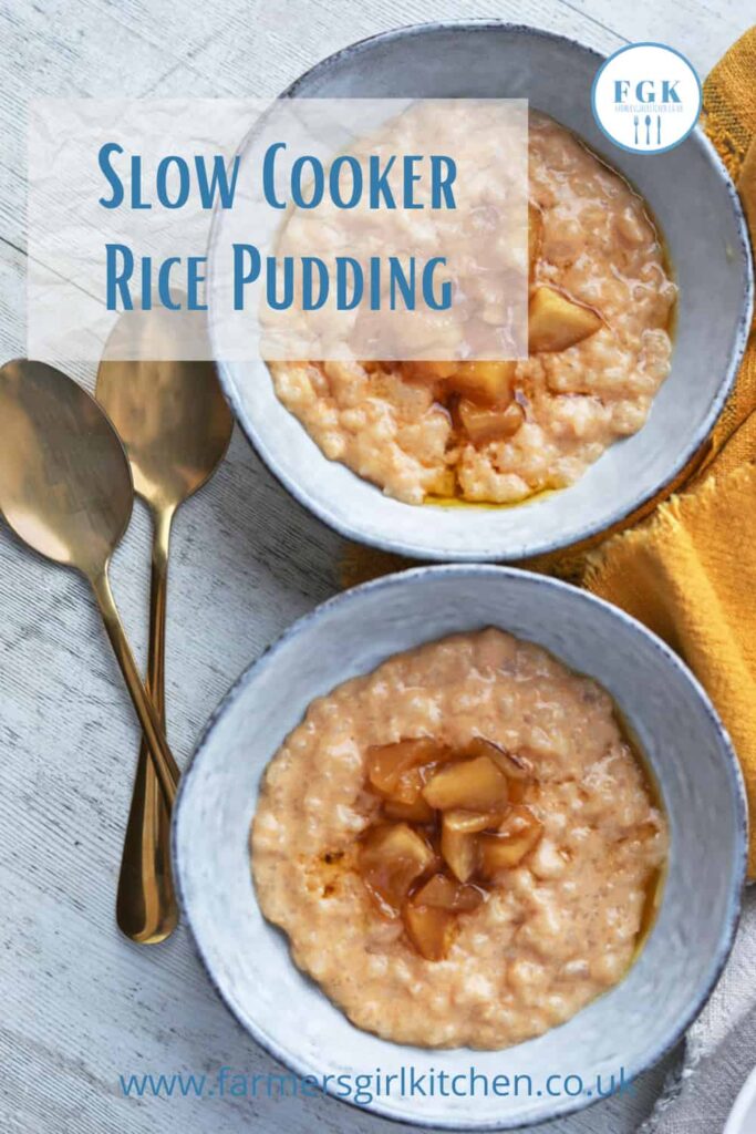 Slow Cooker Rice Pudding two bowls with spoons and apples