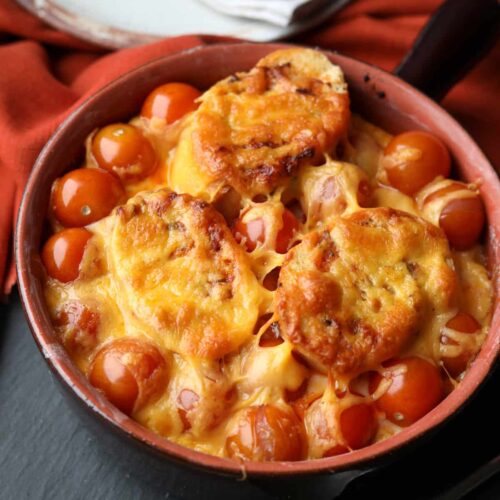 Garlic Bread and tomato bake in serving dish