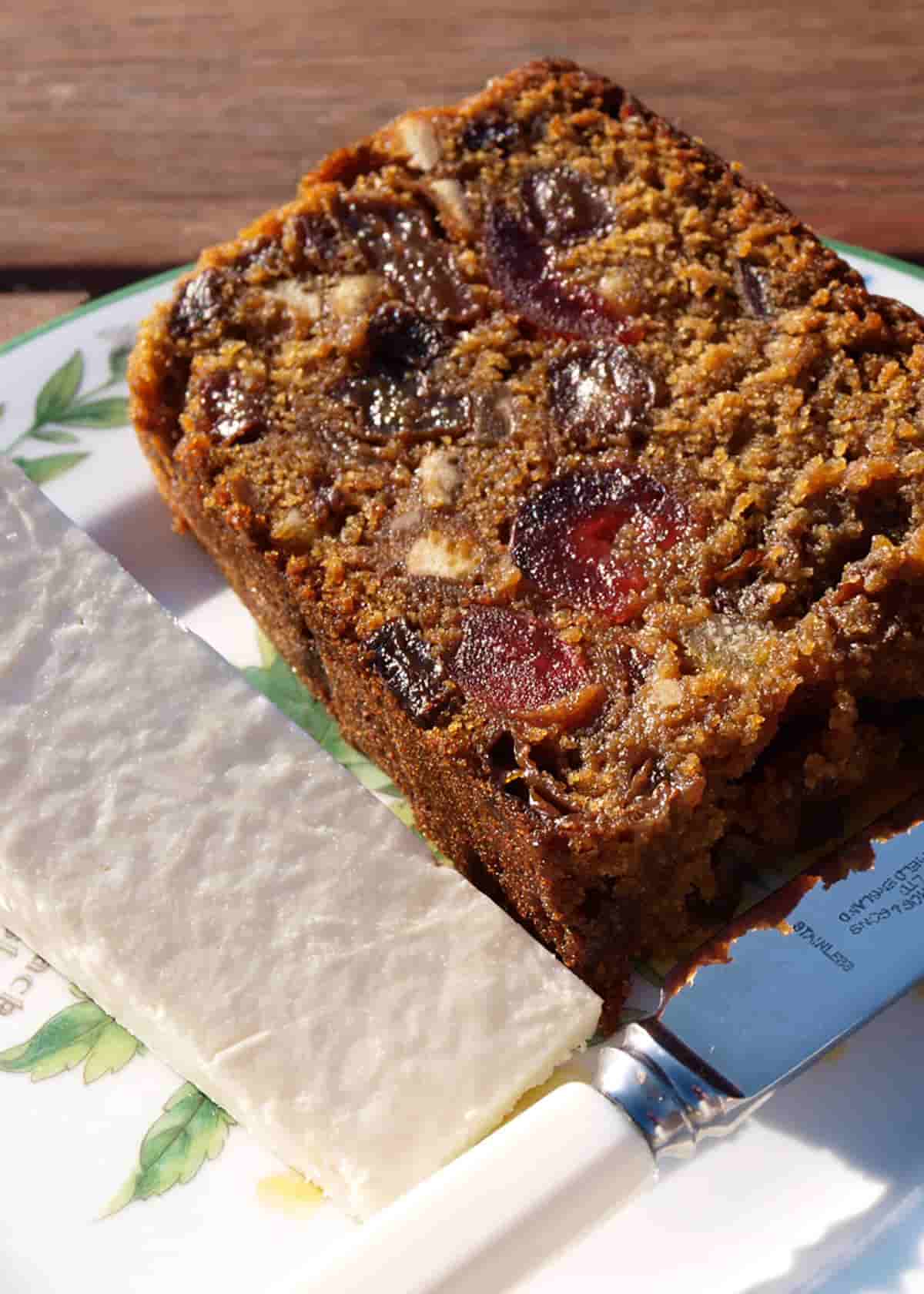 Yorkshire Barm Brack fruit cake with cheese on plate