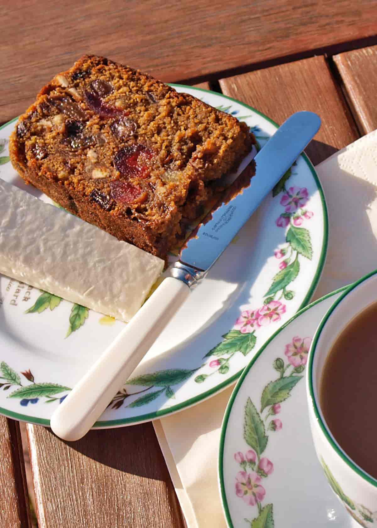 Yorkshire BArm Brack slice on plate with cheese
