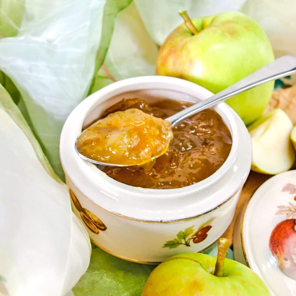 Greengaage and Apple Jam with spoon