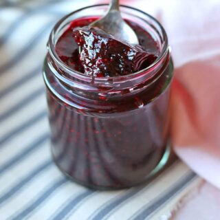 Low Sugar Blueberry & Raspberry Jam with spoon of jam