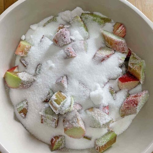 Rhubarb and Sugar in bowl for rhubarb and ginger jam