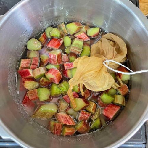 Rhubarb and Ginger Jam with ginger tied in muslin