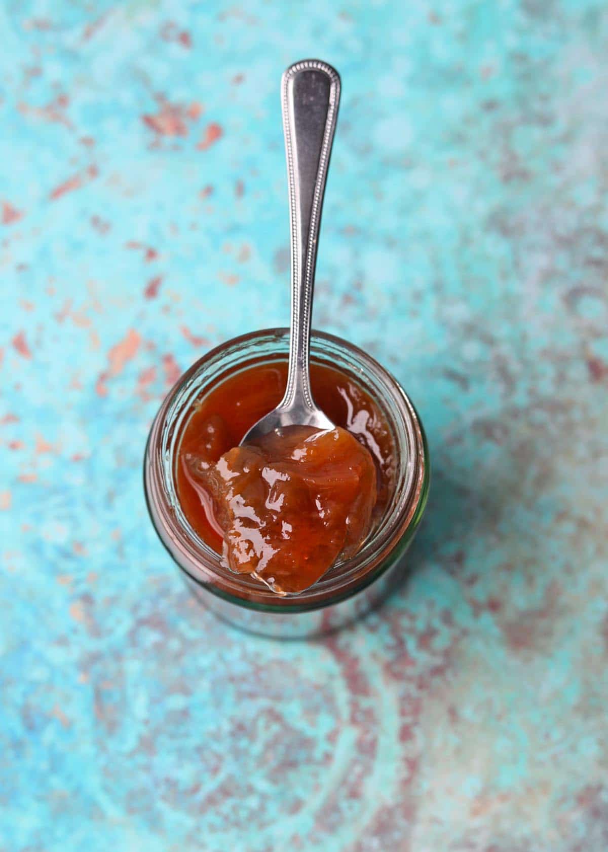 Rhubarb and Ginger Jam from above in jar