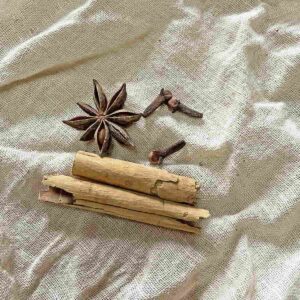 cinnamon, star anise and cloves on muslin