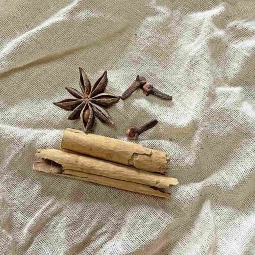 cinnamon, star anise and cloves on muslin